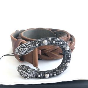 Leather Dionysus Braided Belt w/ Tiger Head Buckle
